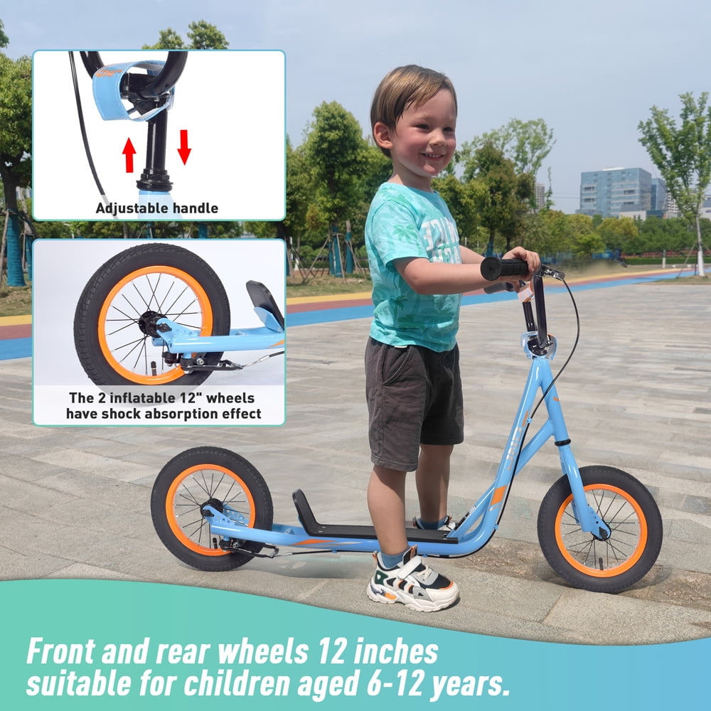 Youth Kick Scooter, BMX-Style Handlebar & Brake Cable Rotor, Wide Foot Deck for Kids Youth Boys Girls Ages 6 and Up, 12-Inch Air Tires, and Max. Weight of 175 lbs（Blue）