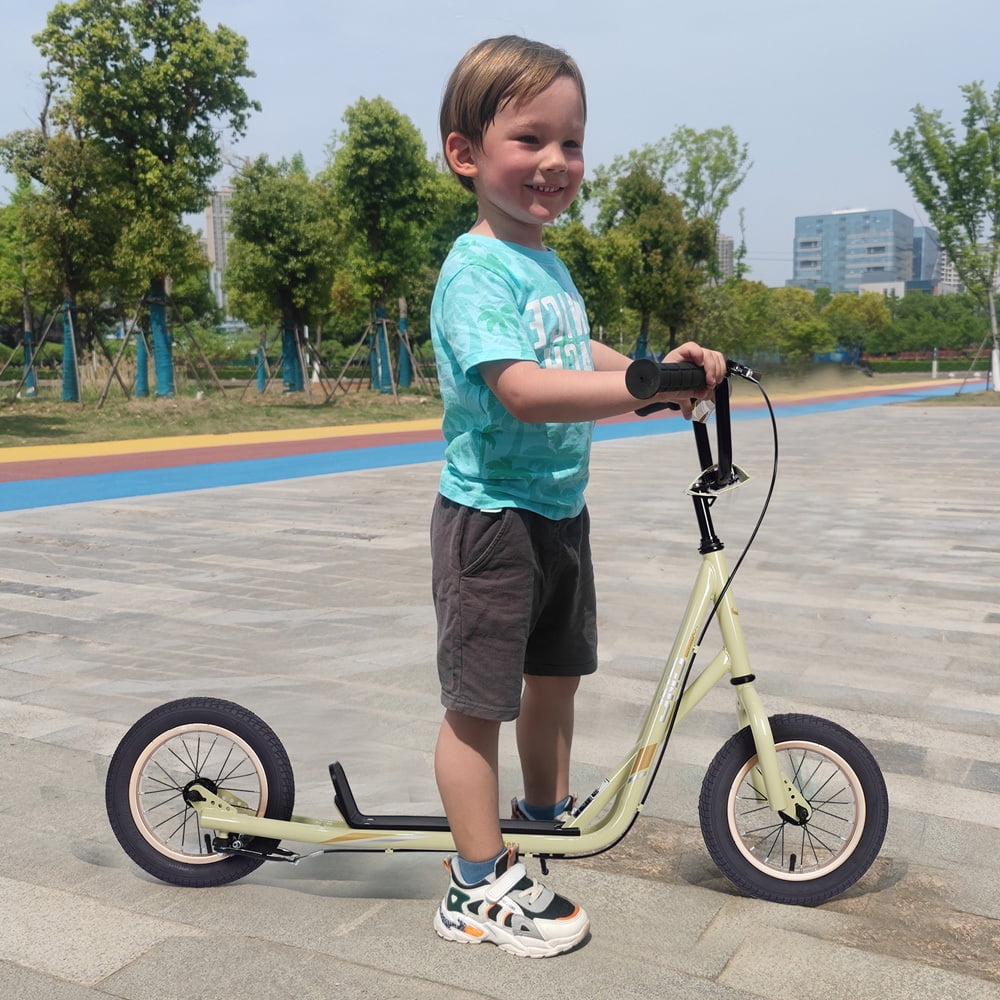 Youth Kick Scooter, BMX-Style Handlebar & Brake Cable Rotor, Wide Foot Deck for Kids Youth Boys Girls Ages 6 and Up, 12-Inch Air Tires, and Max. Weight of 175 lbs（Light Yellow）